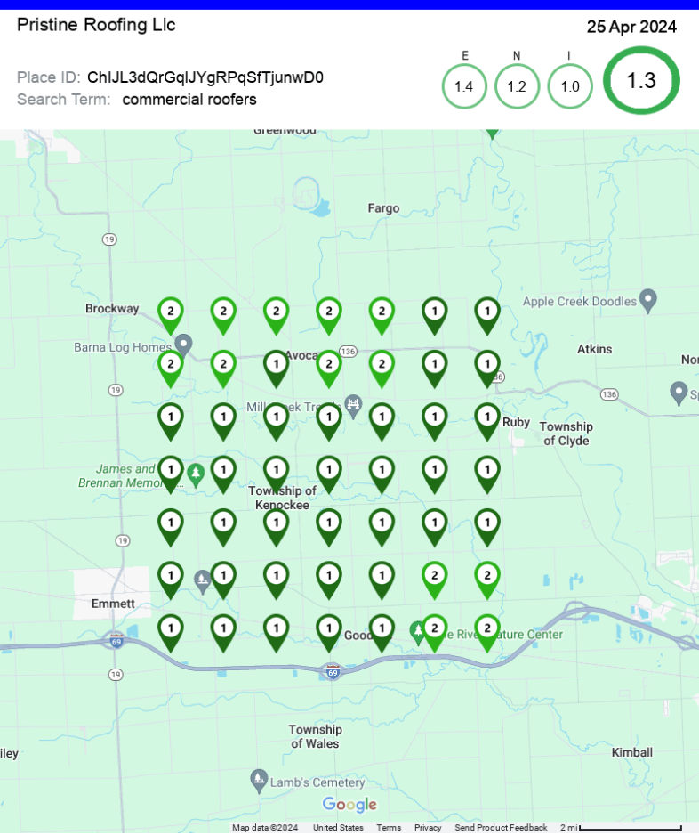 Grid View of a local business running Vassa Digital's Ranking Signals IO Saas tool